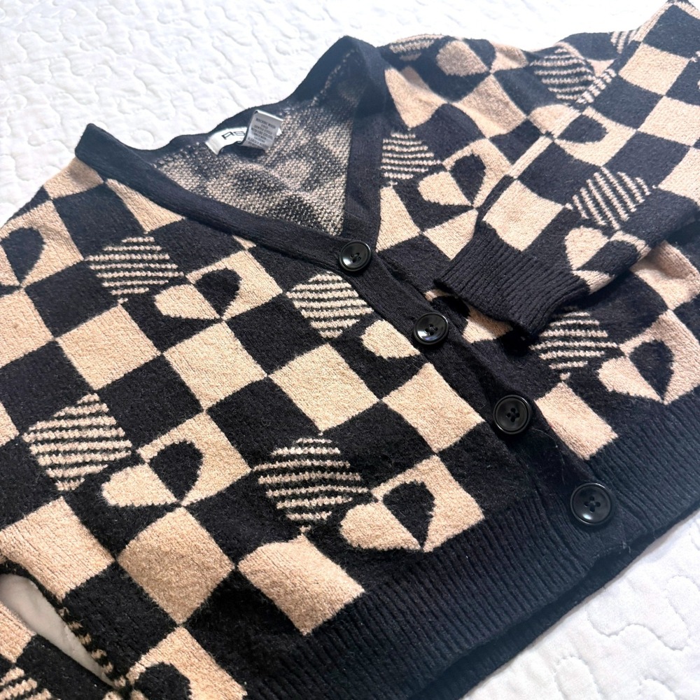 Women Small Cardigan Black Tan Heart Cropped Sweater Y2K INDIE GRUNGE VALENTINE